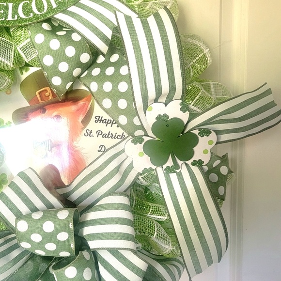 St. Patrick's Day Irish Cat Deco Mesh Bow Wreath - Picture 6 of 8